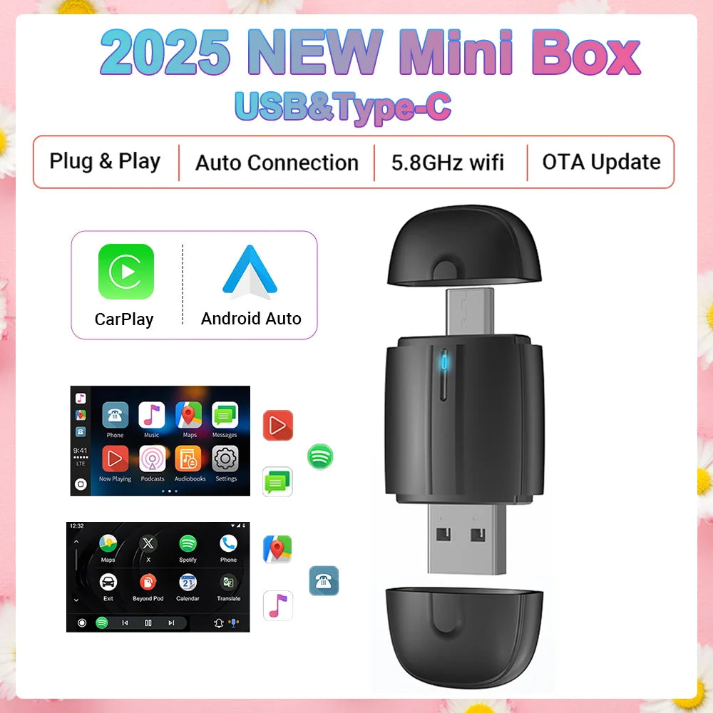 2025 NEW Mini 2in1 Wireless CarPlay&Android Auto Wireless Adapter Mini Box BT WiFi Fast Connect Plug&Play for Wired CarPlay Car