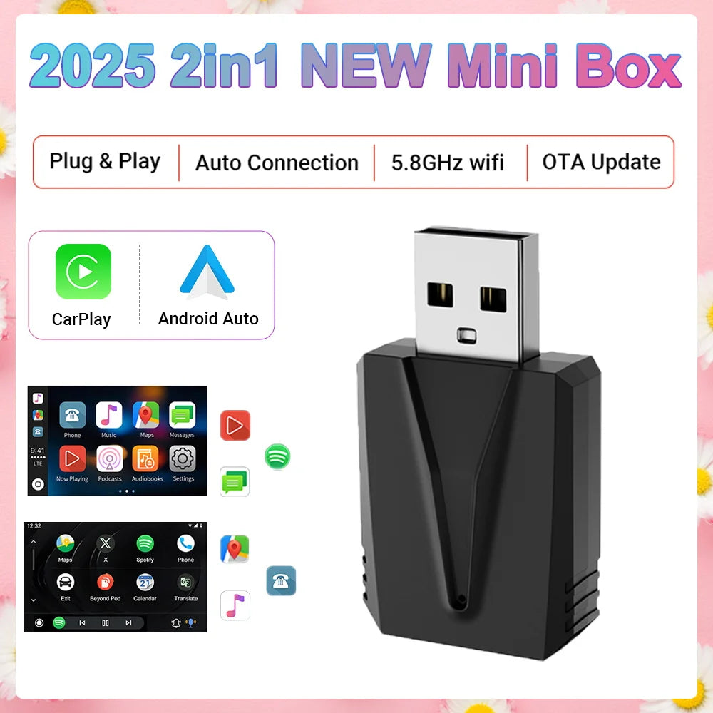 2025 NEW Mini 2in1 Wireless CarPlay&Android Auto Wireless Adapter Mini Box BT WiFi Fast Connect Plug&Play for Wired CarPlay Car