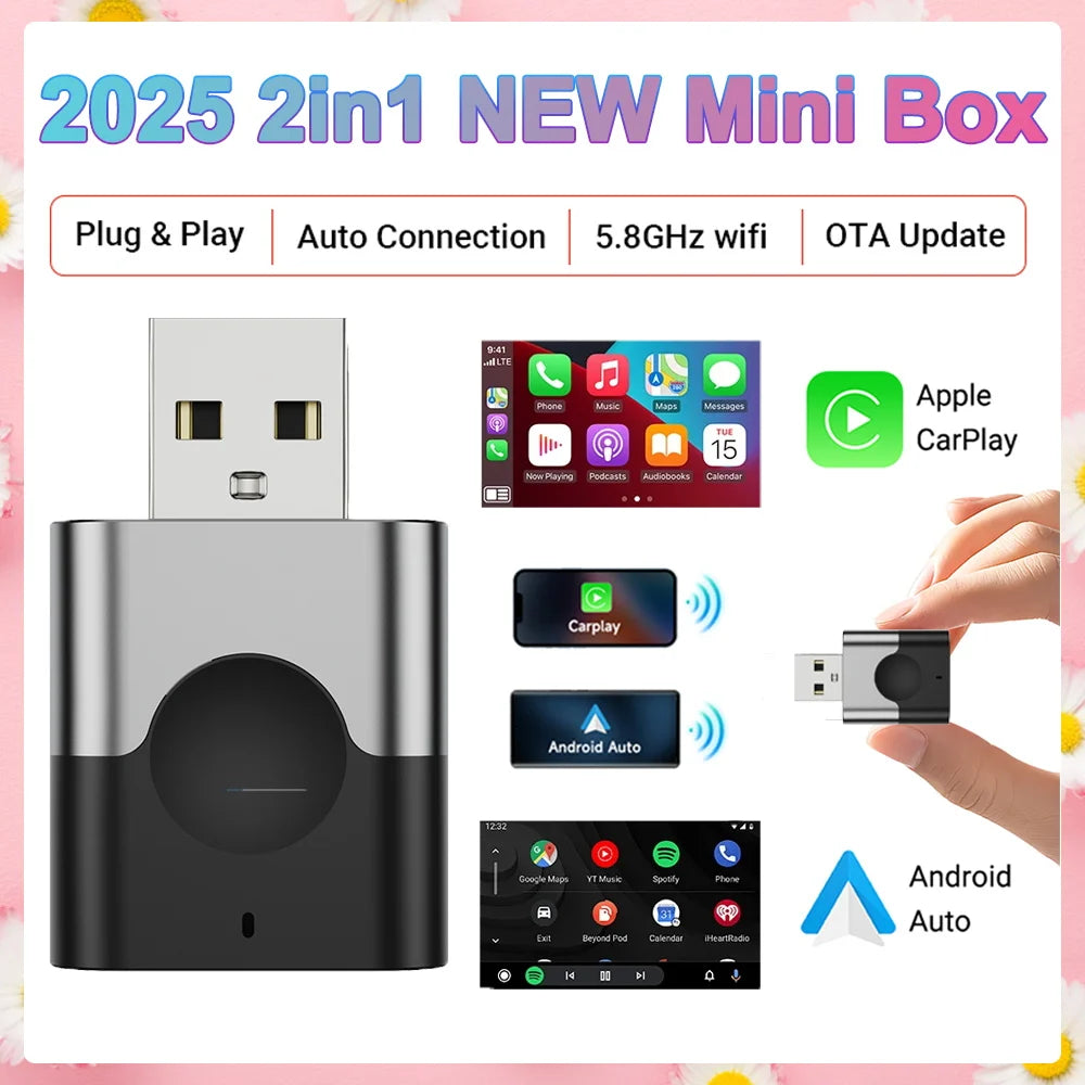 2025 NEW Mini 2in1 Wireless CarPlay&Android Auto Wireless Adapter Mini Box BT WiFi Fast Connect Plug&Play for Wired CarPlay Car