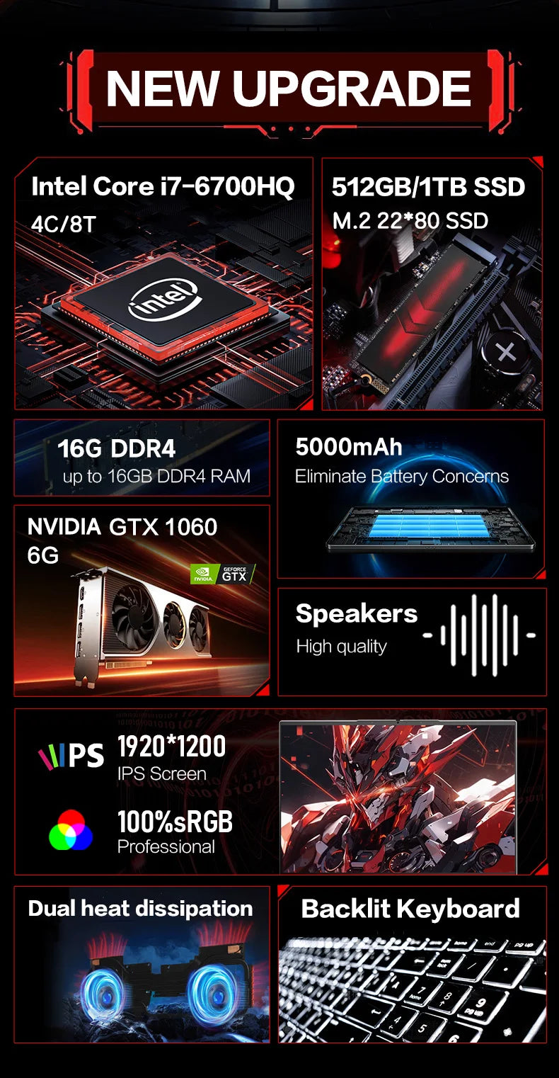 ACEKAMAS 16" Gaming Laptop intel Core i7-6700HQ GTX 1060 IPS 1920*1200 Notebook Gamer 16GB DDR4 1TB SSD Windows 11 Pro Laptop PC