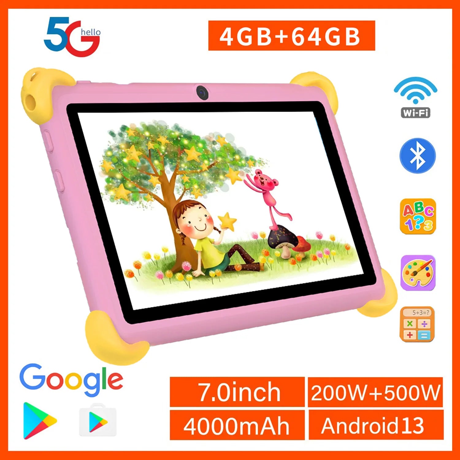 7 Inch 5G Kids' tablets Android Learning Games Pad Kids-Proof protective Case Tablet Quad Core 4GB+64GB ROM Children's best Gift