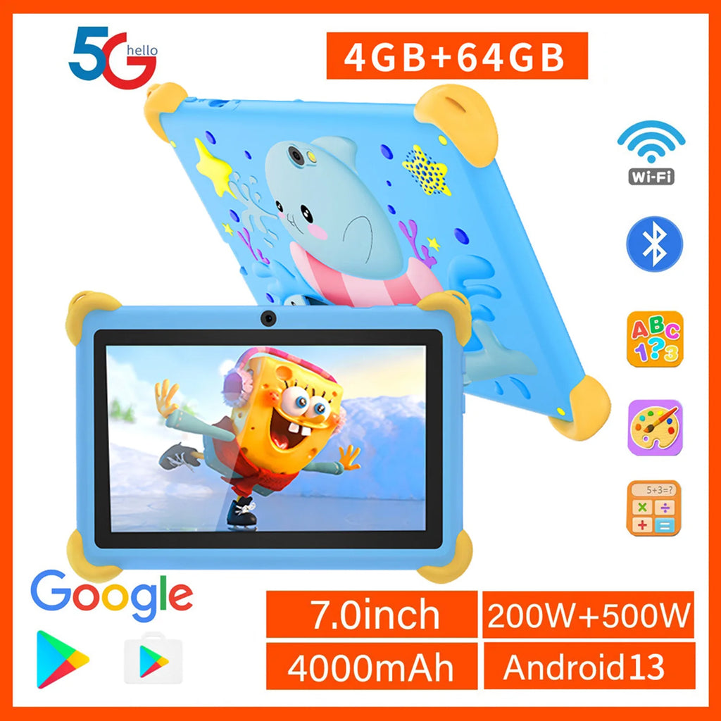 7 Inch 5G Kids' tablets Android Learning Games Pad Kids-Proof protective Case Tablet Quad Core 4GB+64GB ROM Children's best Gift
