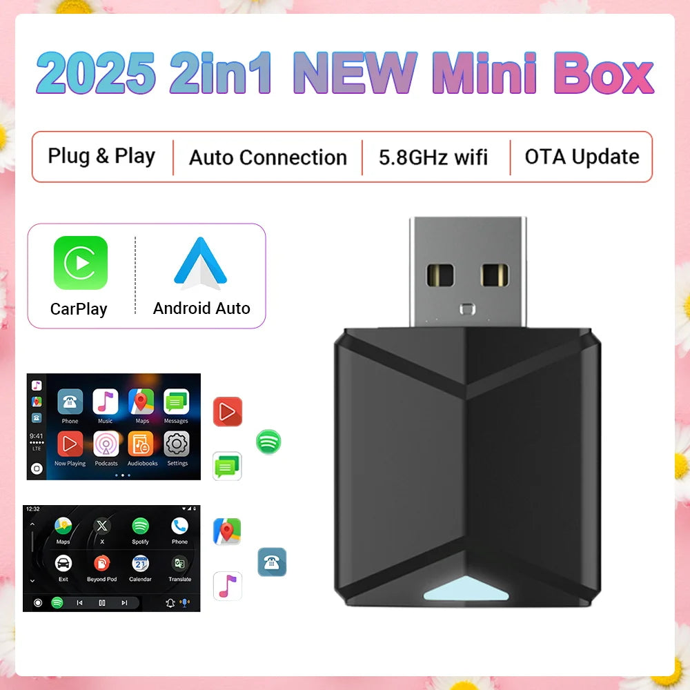 2025 NEW Mini 2in1 Wireless CarPlay&Android Auto Wireless Adapter Mini Box BT WiFi Fast Connect Plug&Play for Wired CarPlay Car
